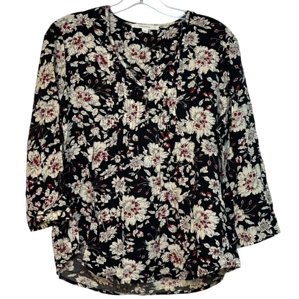 fun2fun Floral Print Blouse Black Red White 3/4 Sleeve V‎ Neck Pleated Front S